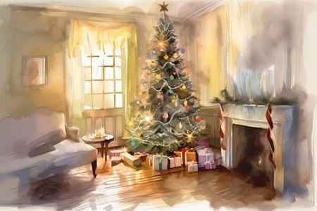 Christmas tree with gifts in the living room. watercolor painting style.の写真素材