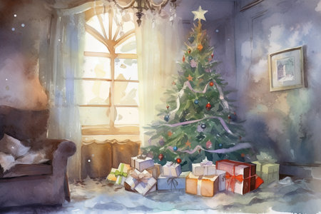 Watercolor painting of a room with a Christmas tree and gifts, winter, holidays, childhood, vacation, new year, magic time, merry christmass.の写真素材