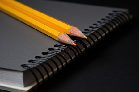 Two pencils and black notebook on table. Back to school concept.の写真素材