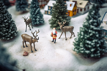 Miniature tilt-shift Santa Claus with presents and reindeers with Christmas trees in the background. Generative AI.の素材
