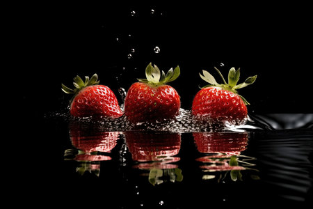 Strawberries falling into water on a black background with a splash. Food presetting, summer berries. Generative AI.の素材