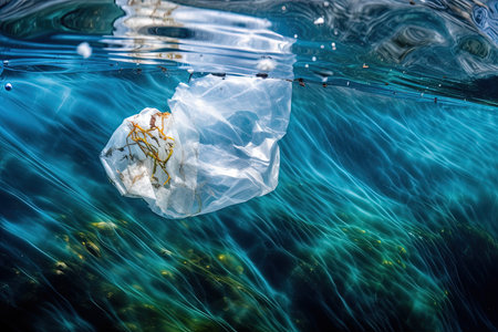 Plastic bag floating in the water. Concept of environmental pollution. Pollution of seas and oceans. Generative AI.の素材