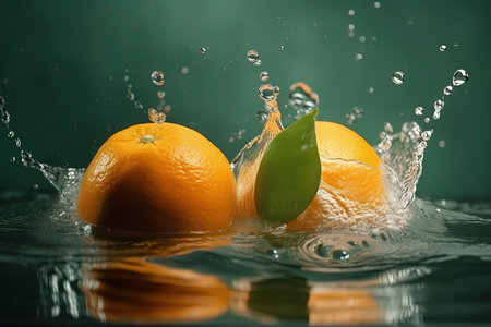 Fresh orange with green leaf and water splash on dark green background. Food presentation, fresh juice. Generative AI.の素材