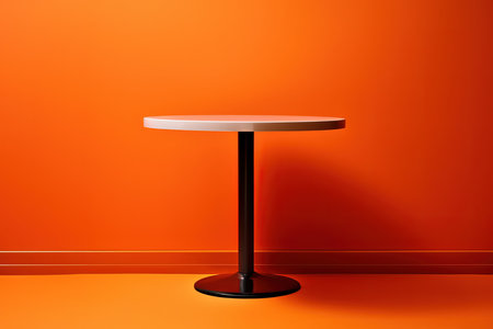 Table in a room with orange wall. Generative AI.の素材