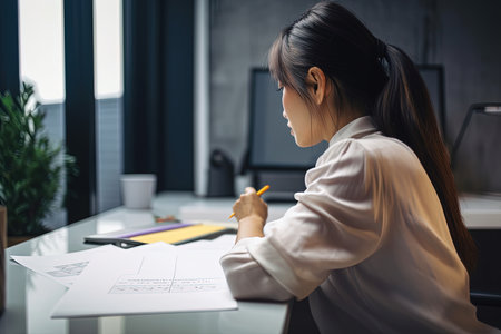 Side view of busy young businesswoman writing in notebook while working in office. Generative AI.の素材