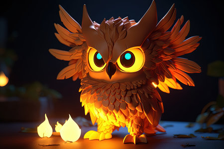 Cute owl in 3D style. Angry firebird, wisdom, predator big headed toy statuette with big yellow eyes, glowing light.の素材
