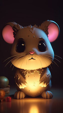 Cute hamster in 3D style. Pet, mouse, big headed toy statuette with big eyes, glowing light.の素材