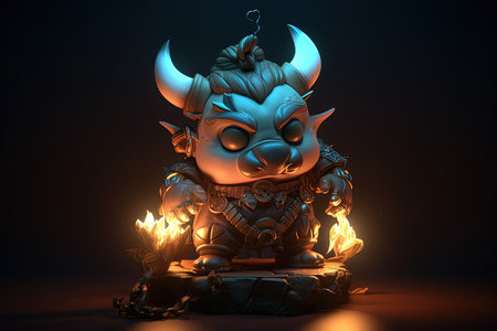 Angry hog holding chain in 3D style. Game charachter, boar, big headed toy statuette with big eyes, glowing light.の素材