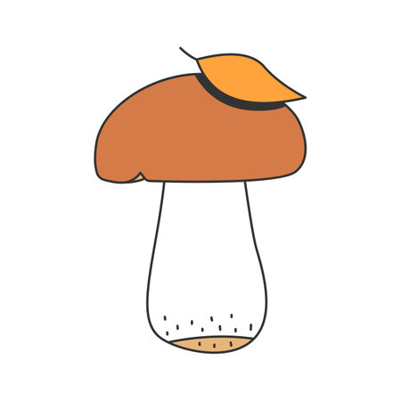 White mushroom doodle style. Colored mushroom, autumn leaf on cap. Simple vector illustration, hand drawn sketch art.のイラスト素材