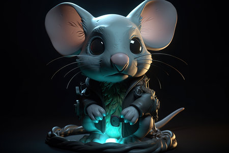 Cool rat dressed in leather jacket. Big headed statuette on illuminated podiumの素材