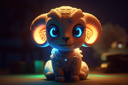 Cute friendly ram with smiling face in 3D style. Funny animal, big headed toy statuette with big eyes, glowing light.の素材