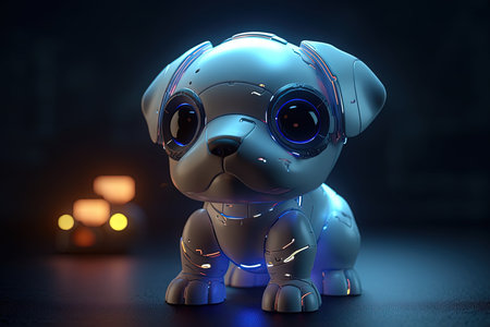 Robotic puppy as a human futuristic pet in 3D style. Big headed statuette, glowing blue light, neon colorsの素材