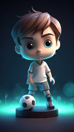 Cute soccer sportsman in 3D style. Football, outdoor activities, big headed toy statuette with big eyes, glowing light.の素材