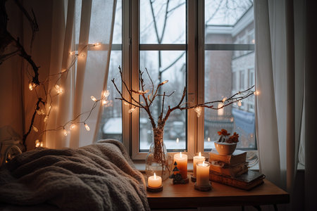 Burning candles and books in the window sill with garlands. Cozy autumn mood.の素材