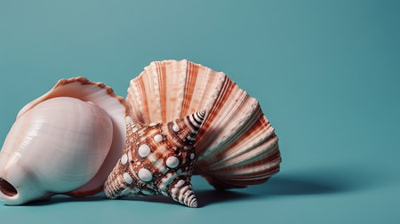 Seashells on the side of blue backgroundの素材
