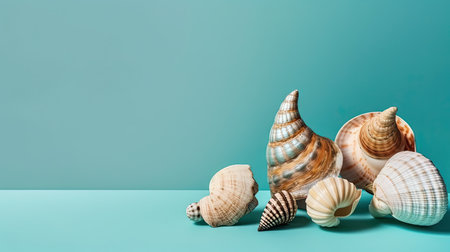 Beautiful seashells on blue background, poster template for summer family holidays near sea or ocean. Recreational advertisement.の素材