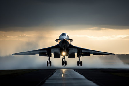 A big jet airplane taking off at sunset at airport.の素材