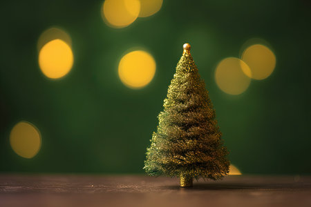 Christmas mini tree on a table, decoration element, Merry Christmas poster with blurred background.の素材