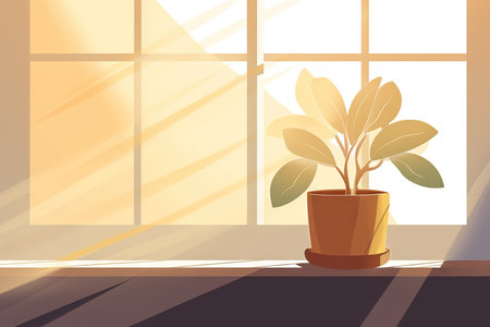 Plant in a pot on window sill, sunlight falling in room through window.の素材