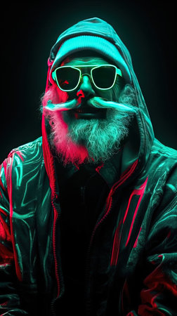 Portrait of man with beard and moustache in green sunglasses in hoodie with glowing neon red and blue colors. Santa outfit.の素材