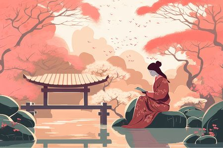 Japanese woman in kimono reading in sakura gardenの素材