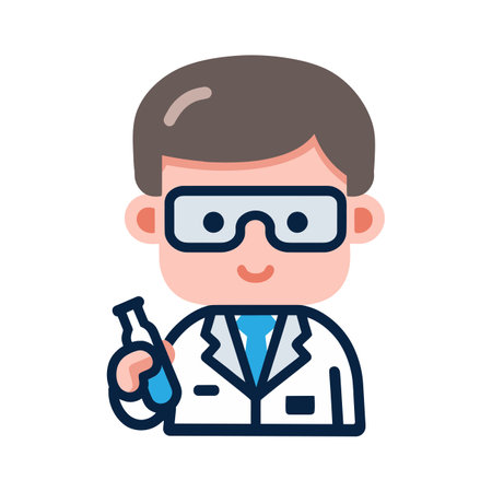 Scientist in lab vector icon illustration. Chemist man student and flask. Scientists concept. Chemistry industry, lab, research.のイラスト素材