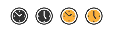 Clock icon set on white background, time symbol. Time management, minutes, countdown, deadline and delay, hour. Outline, flat and colored style icon for web design. Vector illustration.のイラスト素材
