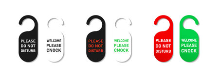Set of please, do not disturb, welcome, cnock, door hanger colored in realistic style with shadows, hotel service, flat style vector illustration.のイラスト素材