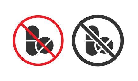 No pills sign in pro red prohibited circle. Drug dosage, vitamin symbol, flat vector illustration.のイラスト素材