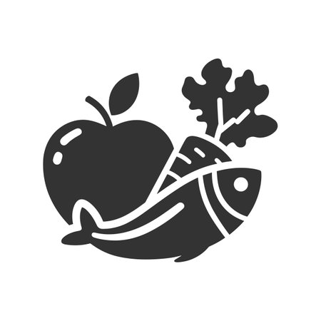Silhouette of food of meat, vegetables and fruits, element of Thanksgiving day festive table decoration, simple black flat shape vector icon isolated with transparent background.のイラスト素材