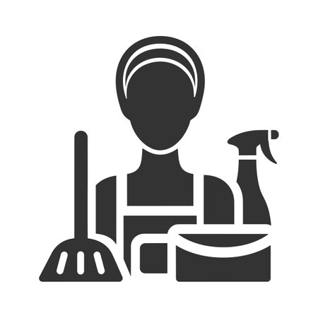 Cleaning maid silhouette vector illustration. Housemaid icon clipart. Cleaning woman black flat vector illustration.のイラスト素材
