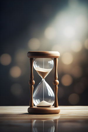 Hourglass on a wooden table with blurred backgroundの素材