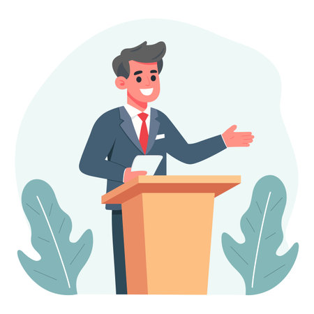 Confident speaker during stage speech. Good presentation of businessman, political debates. Flat vector illustration in trendy style.のイラスト素材