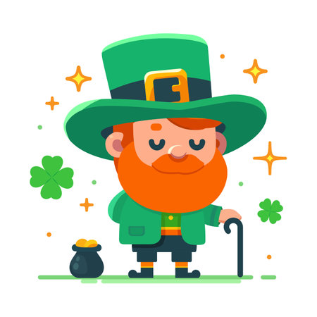 Leprechaun in green costume with pot of gold coins and green hat. Magic symbol.のイラスト素材