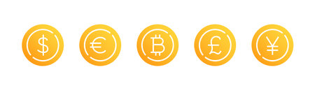 World currency golden coin icon set. Euro, usd dollar, bitcoin.のイラスト素材