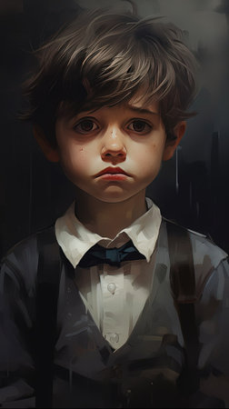 Sad schoolboy with dark hair and sad dark eyes in bow tie and school uniformの素材