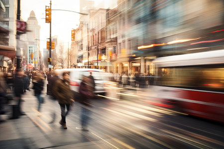 Urban busy street motion blur with traffic lights, transport and peopleの素材