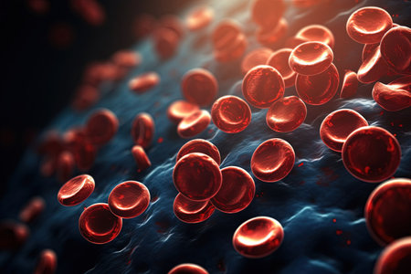 Dynamic blood flow in body, microscopic view on dark backgroundの素材