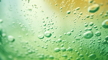 Close up ethereal droplets on green gradient background, blurring effectの素材