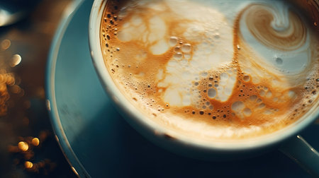 Golden morning coffee brew, close up foam, cozy cup for cappuccinoの素材