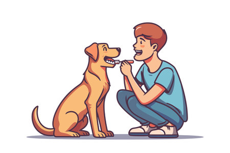Man brushing teeth his dog. Canine dental care and hygiene. Maintaining healthy dog teeth and gums. Simple flat vector illustration.のイラスト素材