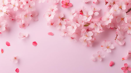 Blooming cherry flowers on solid pink background, blossoming beauty