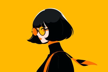 Fashionable young woman wearing glasses, illustrated in a contemporary style with a vibrant yellow background. Flat vector illustration.のイラスト素材