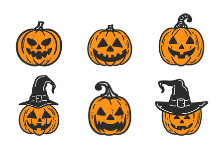 Set of Halloween pumpkin faces, perfect for holidays decoration. Happy Halloween holidays. Autumn season flat vector illustration.のイラスト素材