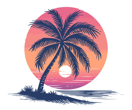 Illustrated scene of a palm tree silhouette against a warm sunset over a tranquil sea. Summer vacation trip vector.のイラスト素材