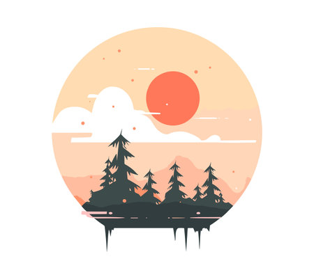 Minimalist art of a sunset with vibrant colors over a silhouette of pine trees, evoking peacefulness.のイラスト素材