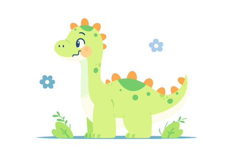 A playful green cartoon dinosaur with flowers around. Prehistoric predator. Flat vector illustration.のイラスト素材