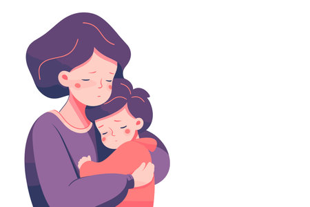 Cute vector illustration of mom and son hugging together. Parenting, family love.のイラスト素材