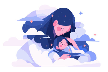 Vector illustration of a mother and child sleeping peacefully on a cloud, surrounded by stars.のイラスト素材