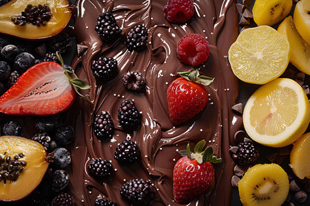 Fresh strawberries, blackberries, and citrus slices lying on chocolate